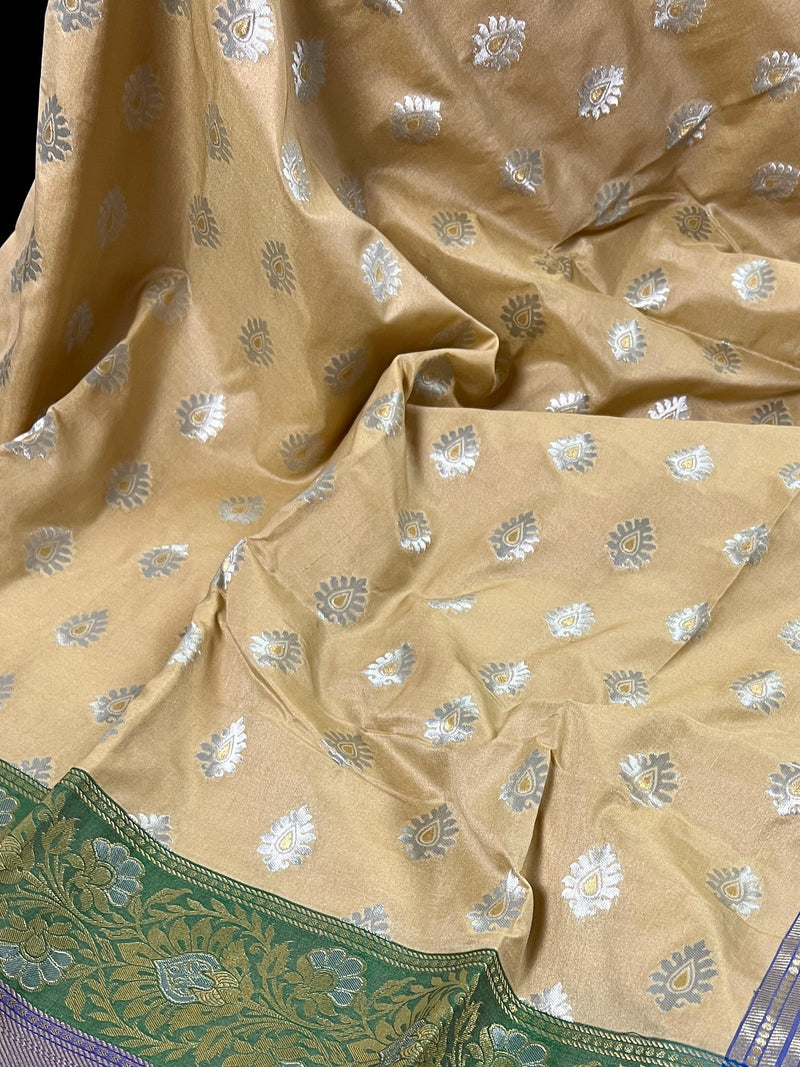 Beige Color Traditional Banarasi Silk Handloom Saree -Green and Blue Combination with Beige Silk Saree - Kaash