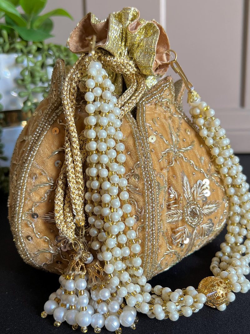 Beige Color Velvet Wedding Potli Bag | Handmade Embellished Stone and Pearl | Desi Indian Pakistani Wedding Purse | Evening Party Purse - Kaash