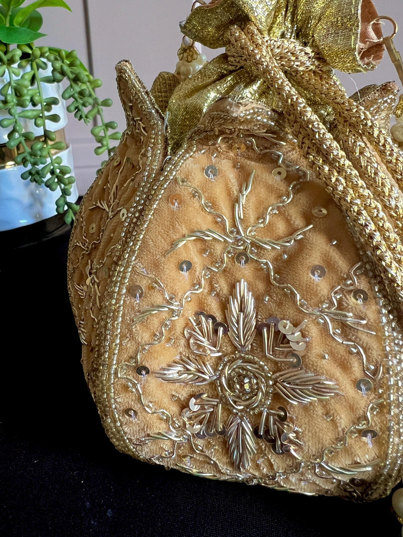 Beige Color Velvet Wedding Potli Bag | Handmade Embellished Stone and Pearl | Desi Indian Pakistani Wedding Purse | Evening Party Purse - Kaash