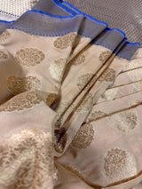 Beige Cream with Blue Banarasi saree in banarasi soft silk with muted gold buttas with 7.5" pastel blue border — Kaash Collection