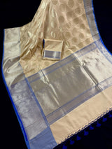 Beige Cream with Blue Banarasi saree in banarasi soft silk with muted gold buttas with 7.5" pastel blue border — Kaash Collection
