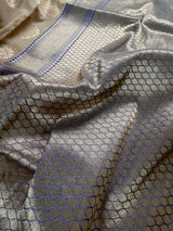 Beige Cream with Blue Banarasi saree in banarasi soft silk with muted gold buttas with 7.5" pastel blue border — Kaash Collection