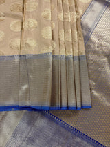 Beige Cream with Blue Banarasi saree in banarasi soft silk with muted gold buttas with 7.5" pastel blue border — Kaash Collection