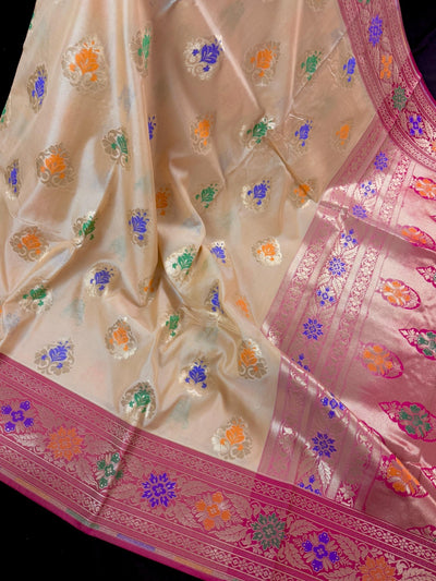 Beige Cream Color Banarasi Soft Silk Saree with Buttas and Meenakari Work - Kaash