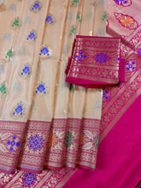 Beige Cream Color Banarasi Soft Silk Saree with Buttas and Meenakari Work - Kaash