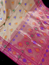 Beige Cream Color Banarasi Soft Silk Saree with Buttas and Meenakari Work - Kaash