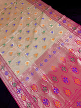 Beige Cream Color Banarasi Soft Silk Saree with Buttas and Meenakari Work - Kaash