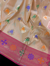 Beige Cream Color Banarasi Soft Silk Saree with Buttas and Meenakari Work - Kaash