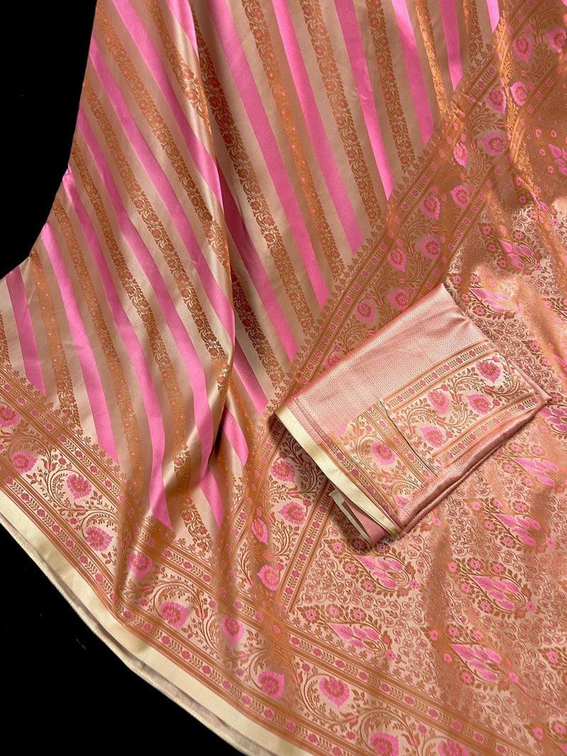 Beige Gold with Copper & Deep Rose Pink Banarasi saree in banarasi mashru tanchoi with mashru tanchoi with jamawar border & pallu — Kaash Collection