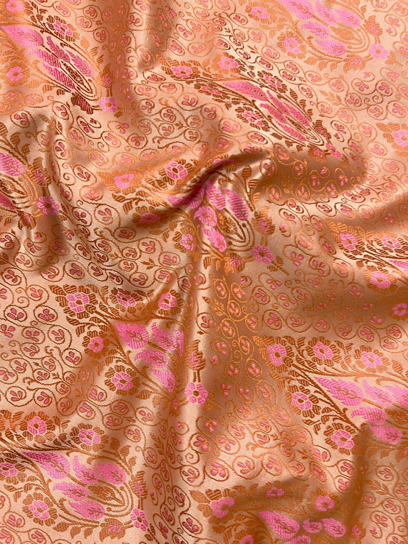 Beige Gold Color with Copper and Deep Rose Pink - Mashru Silk Tanchoi Saree with Jamawar Pallu - Kaash