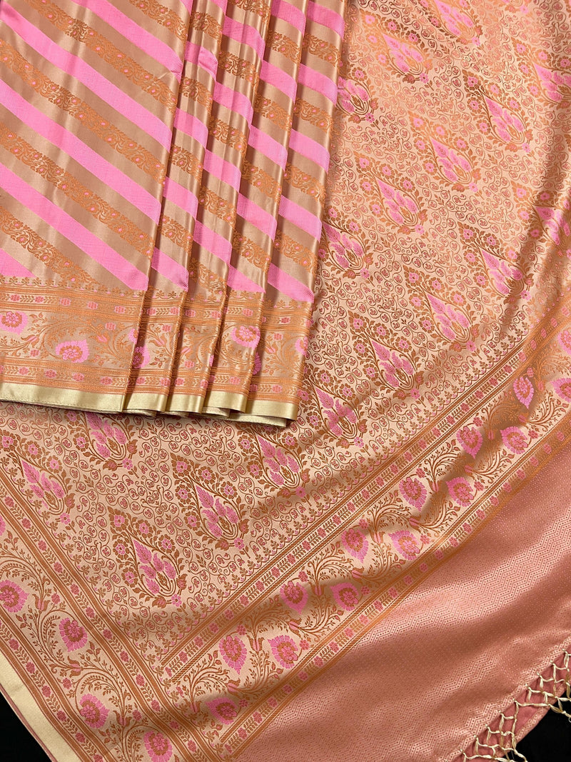 Beige Gold Color with Copper and Deep Rose Pink - Mashru Silk Tanchoi Saree with Jamawar Pallu - Kaash