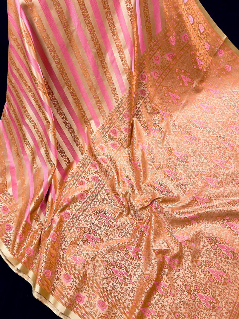 Beige Gold Color with Copper and Deep Rose Pink - Mashru Silk Tanchoi Saree with Jamawar Pallu - Kaash