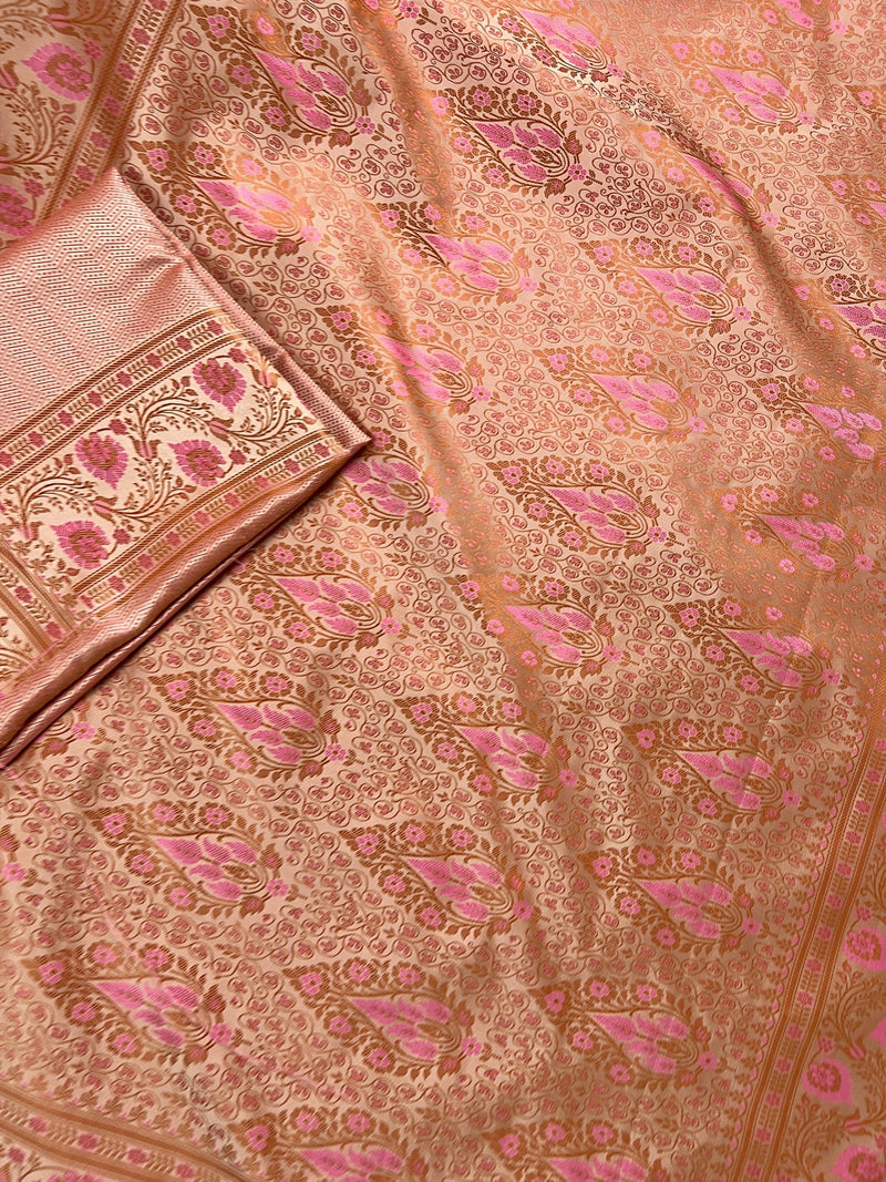 Beige Gold Color with Copper and Deep Rose Pink - Mashru Silk Tanchoi Saree with Jamawar Pallu - Kaash