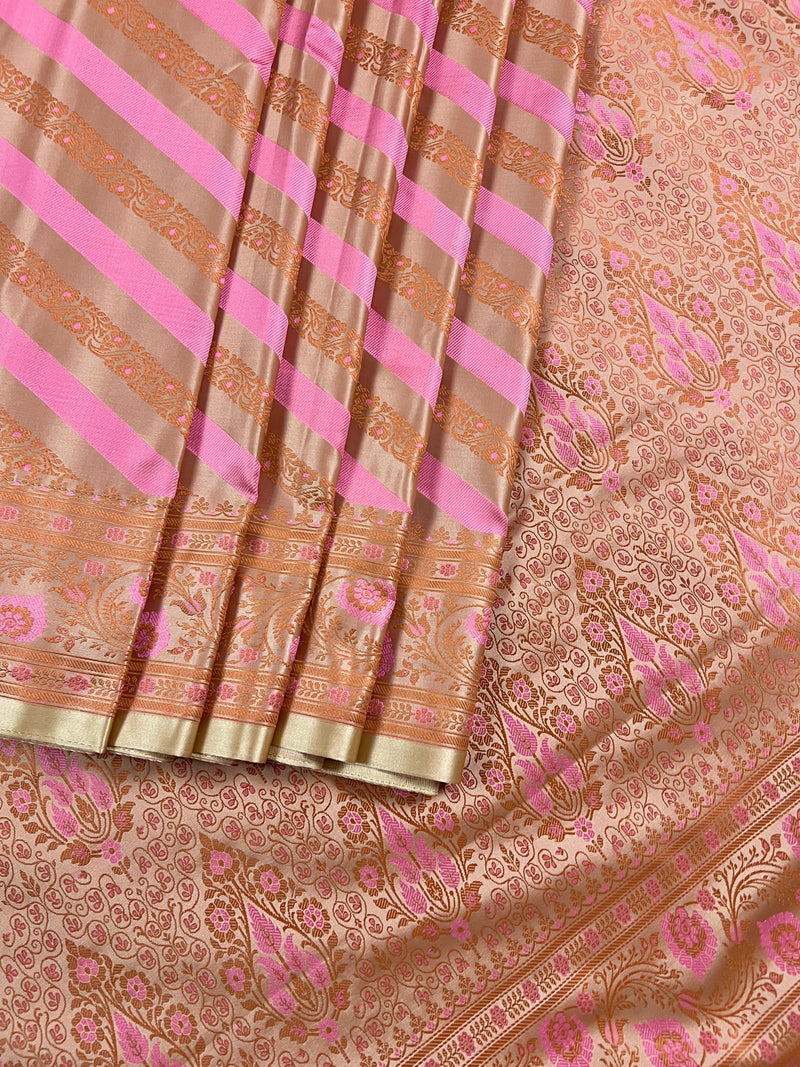 Beige Gold Color with Copper and Deep Rose Pink - Mashru Silk Tanchoi Saree with Jamawar Pallu - Kaash