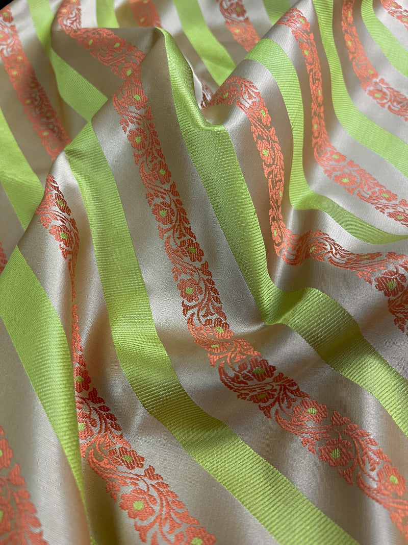 Beige Gold Color with Copper and Lime - Mashru Silk Tanchoi Saree with Jamawar Pallu - Kaash
