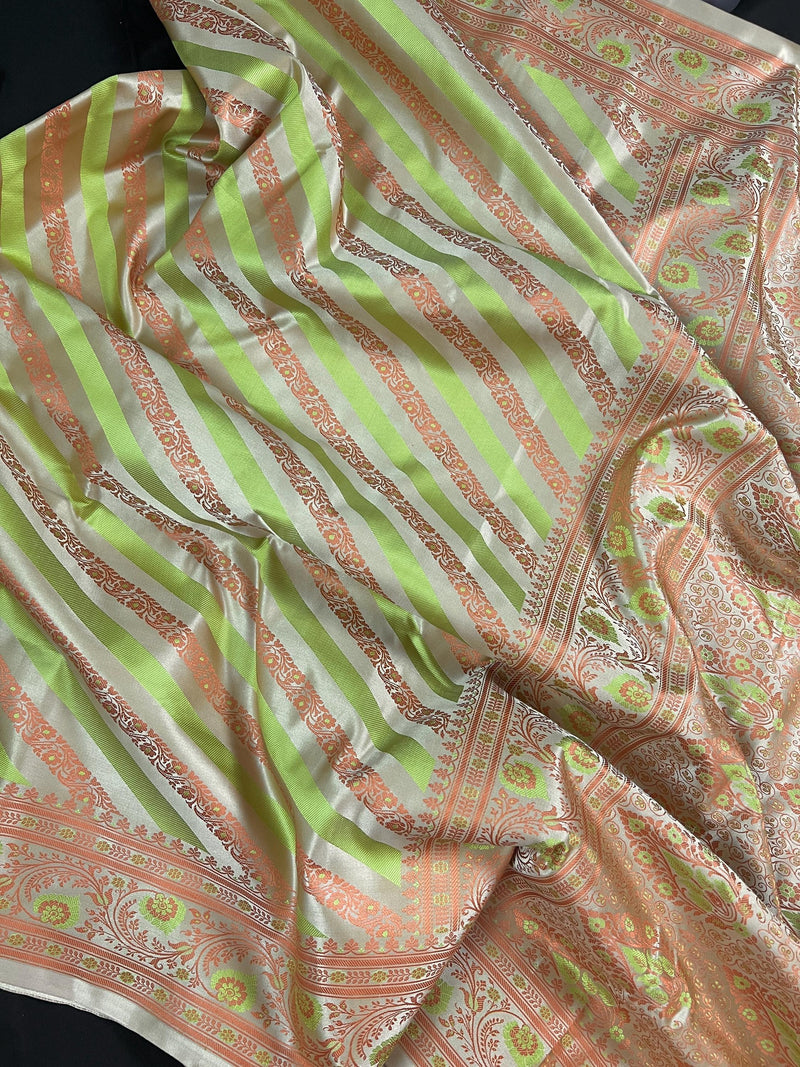 Beige Gold Color with Copper and Lime - Mashru Silk Tanchoi Saree with Jamawar Pallu - Kaash