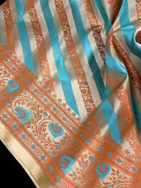 Beige Gold with Copper & Sky Blue Banarasi saree in banarasi mashru tanchoi with mashru tanchoi with jamawar border & pallu — Kaash Collection