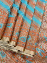 Beige Gold with Copper & Sky Blue Banarasi saree in banarasi mashru tanchoi with mashru tanchoi with jamawar border & pallu — Kaash Collection
