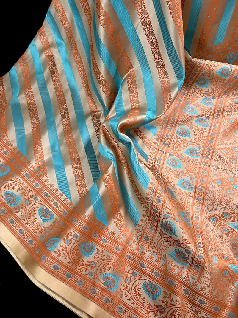Beige Gold with Copper & Sky Blue Banarasi saree in banarasi mashru tanchoi with mashru tanchoi with jamawar border & pallu — Kaash Collection