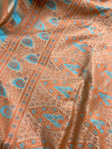 Beige Gold Color with Copper and Sky Blue Color- Mashru Silk Tanchoi Saree with Jamawar Pallu - Kaash