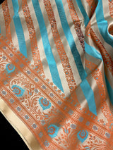 Beige Gold Color with Copper and Sky Blue Color- Mashru Silk Tanchoi Saree with Jamawar Pallu - Kaash