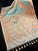 Beige Gold Color with Copper and Sky Blue Color- Mashru Silk Tanchoi Saree with Jamawar Pallu - Kaash