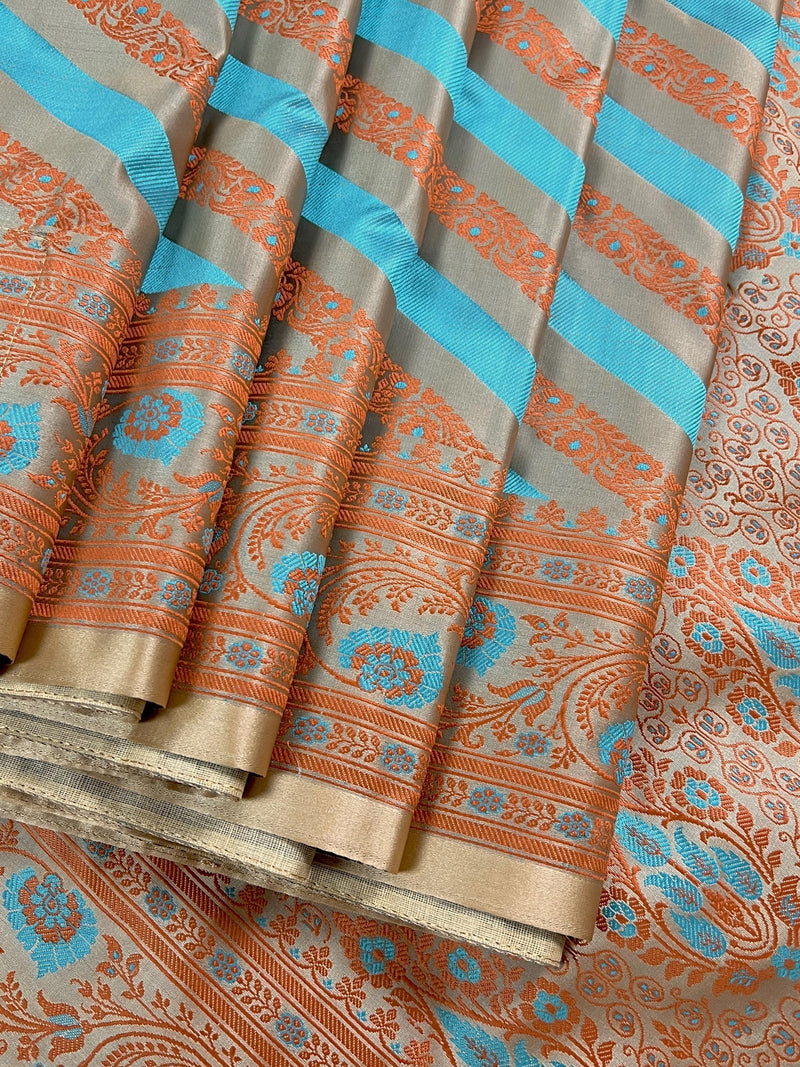 Beige Gold Color with Copper and Sky Blue Color- Mashru Silk Tanchoi Saree with Jamawar Pallu - Kaash