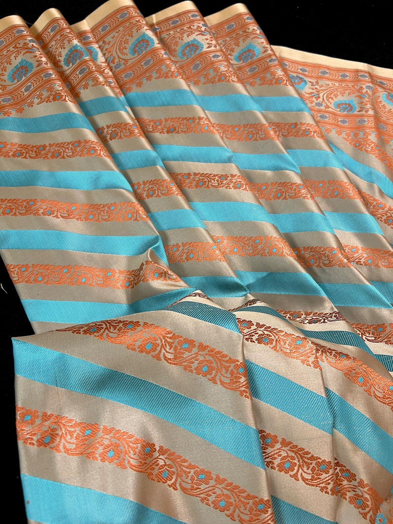 Beige Gold Color with Copper and Sky Blue Color- Mashru Silk Tanchoi Saree with Jamawar Pallu - Kaash