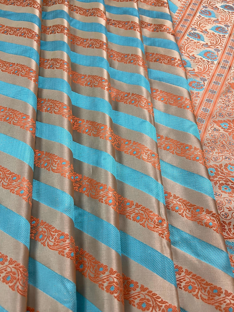 Beige Gold Color with Copper and Sky Blue Color- Mashru Silk Tanchoi Saree with Jamawar Pallu - Kaash