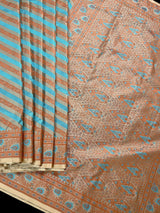 Beige Gold Color with Copper and Sky Blue Color- Mashru Silk Tanchoi Saree with Jamawar Pallu - Kaash