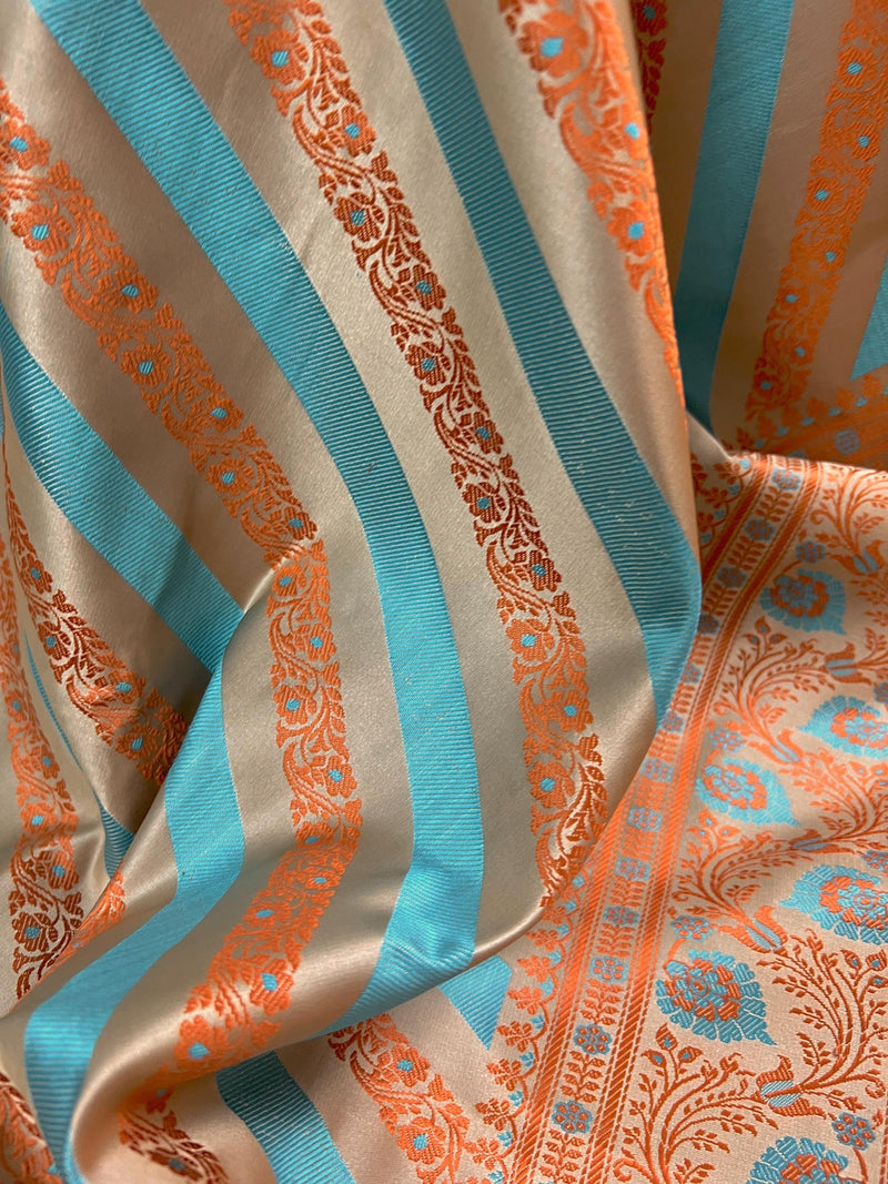 Beige Gold Color with Copper and Sky Blue Color- Mashru Silk Tanchoi Saree with Jamawar Pallu - Kaash