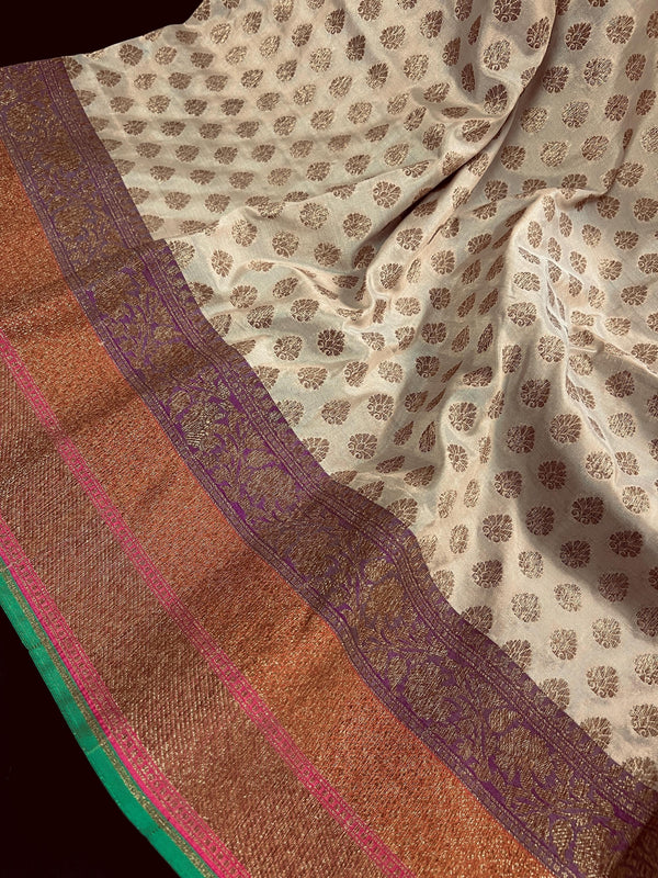 Beige Gold Color with Multi Color Border in Semi-Tussar Silk Saree With Antique Zari Weaving Work - Kaash