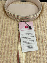 Beige Gold men's kurta pajama in butter silk (non-pure) with multi-pastel stripes with embroidery — Kaash Collection
