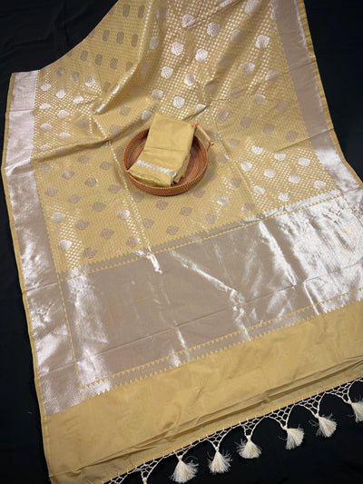 Beige Gold Banarasi saree in handloom banarasi saree with muted silver zari weave — Kaash Collection