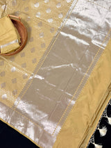 Beige Gold Saree with Muted Sliver Zari Waave - Traditional Banarasi Soft Silk Handloom Saree - Kaash