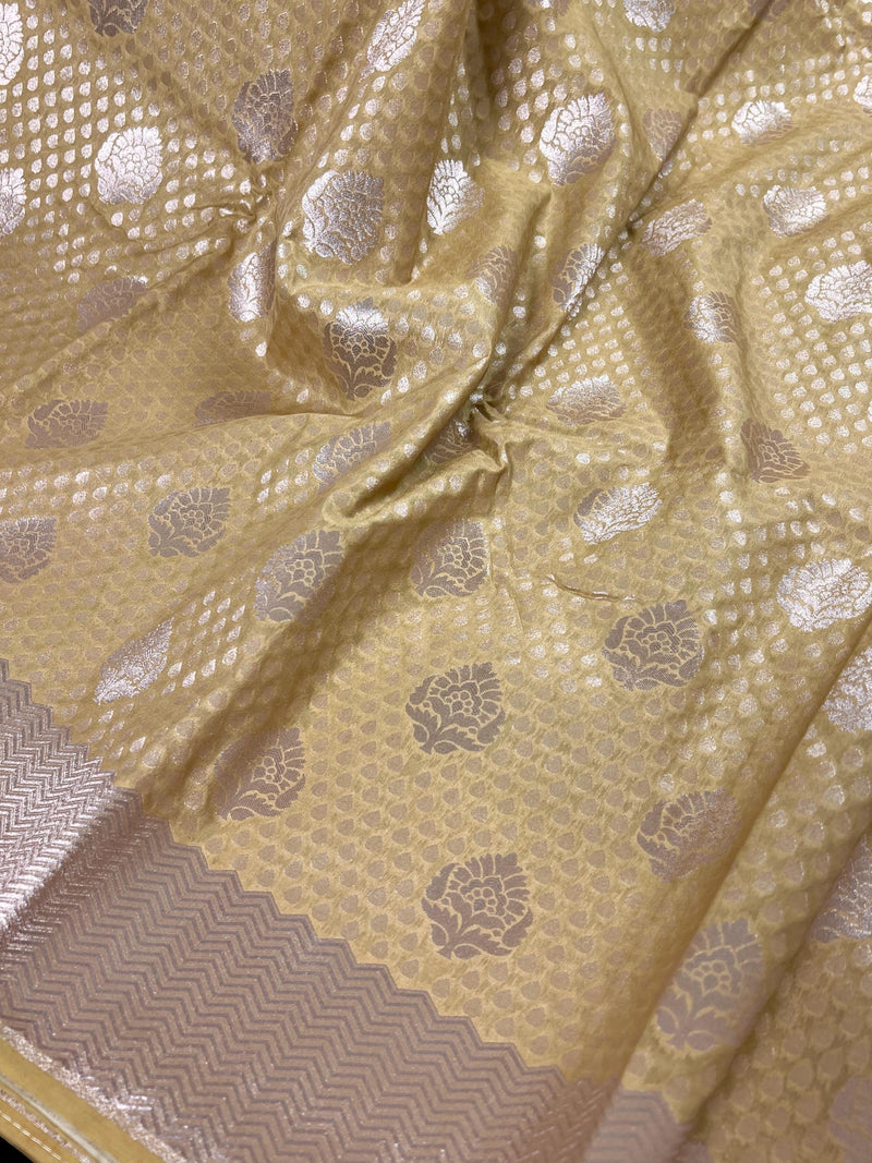 Beige Gold Saree with Muted Sliver Zari Waave - Traditional Banarasi Soft Silk Handloom Saree - Kaash