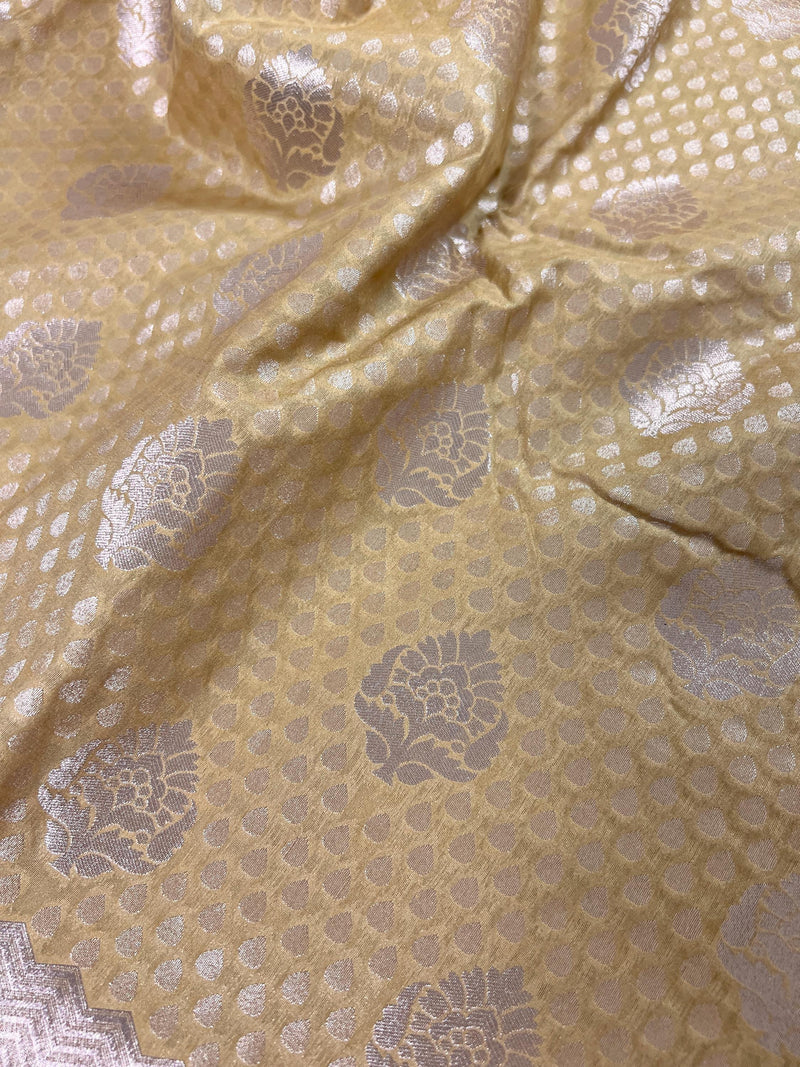 Beige Gold Saree with Muted Sliver Zari Waave - Traditional Banarasi Soft Silk Handloom Saree - Kaash