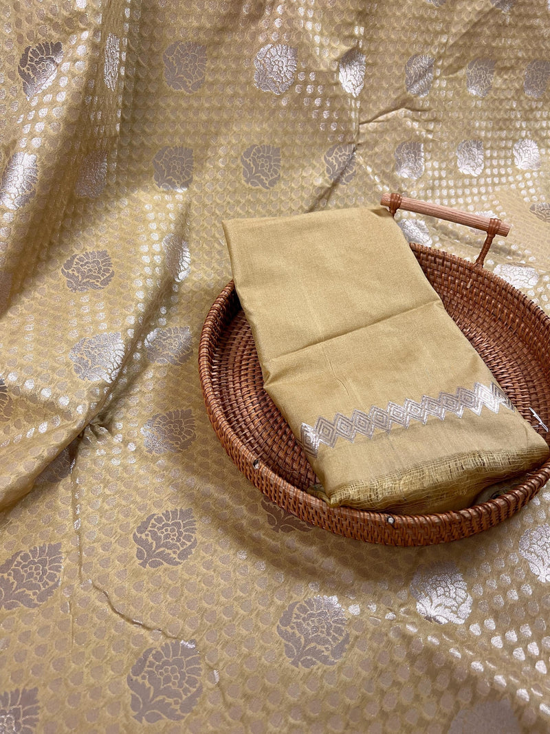 Beige Gold Saree with Muted Sliver Zari Waave - Traditional Banarasi Soft Silk Handloom Saree - Kaash