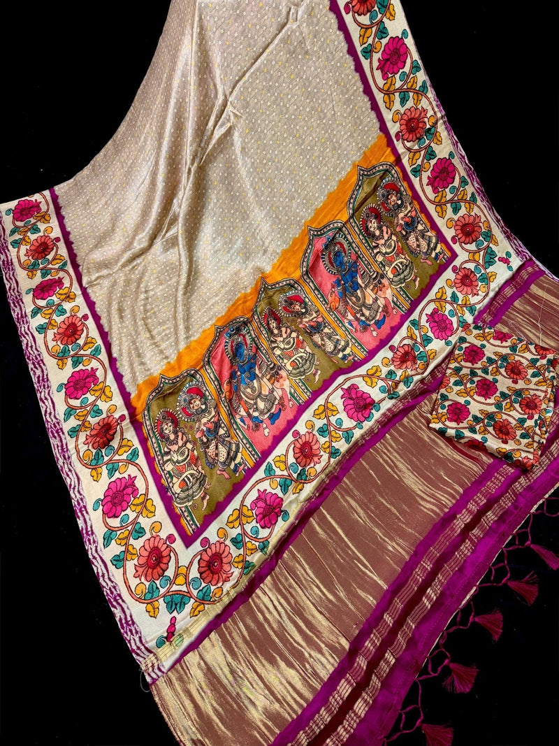 Beige Gold Silk Saree – Bandhej bandhani and with Floral Print Saree - Kaash