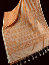 Beige Gold with Mustard & Copper Mashru Tanchoi saree in banarasi mashru tanchoi with striped mashru tanchoi with jamawar border — Kaash Collection