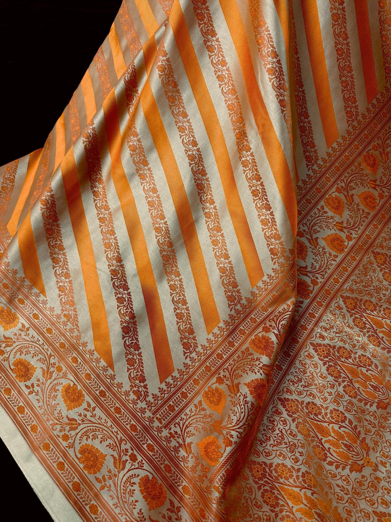 Beige Gold with Mustard & Copper Mashru Tanchoi saree in banarasi mashru tanchoi with striped mashru tanchoi with jamawar border — Kaash Collection