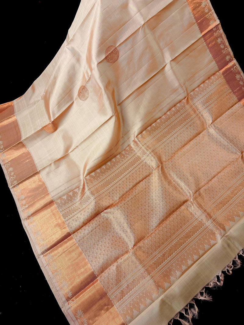 Beige pure kanjivaram silk saree with copper zari weave — Kaash Collection