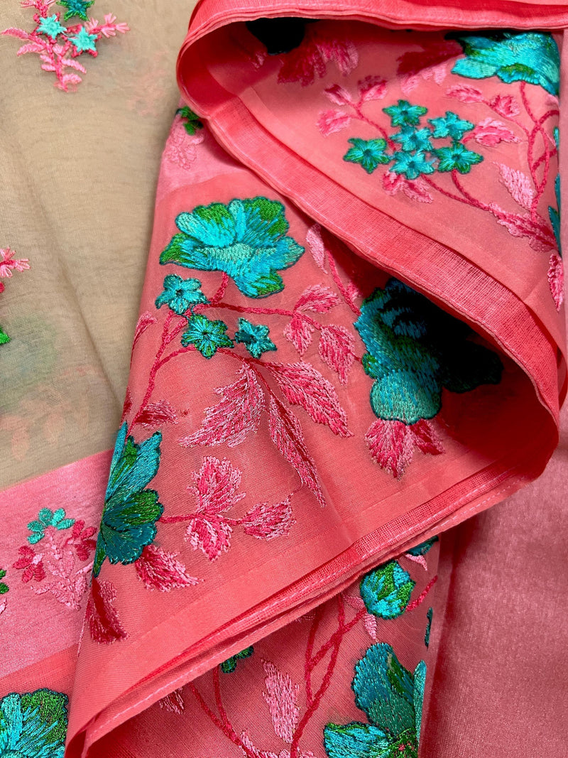 Beige with Peach borders Banarasi Kora Saree with Floral Embroidery - Pastel Color Kora Sarees - Rose Flower Saree - Kaash