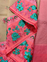 Beige with Peach borders Banarasi Kora Saree with Floral Embroidery - Pastel Color Kora Sarees - Rose Flower Saree - Kaash