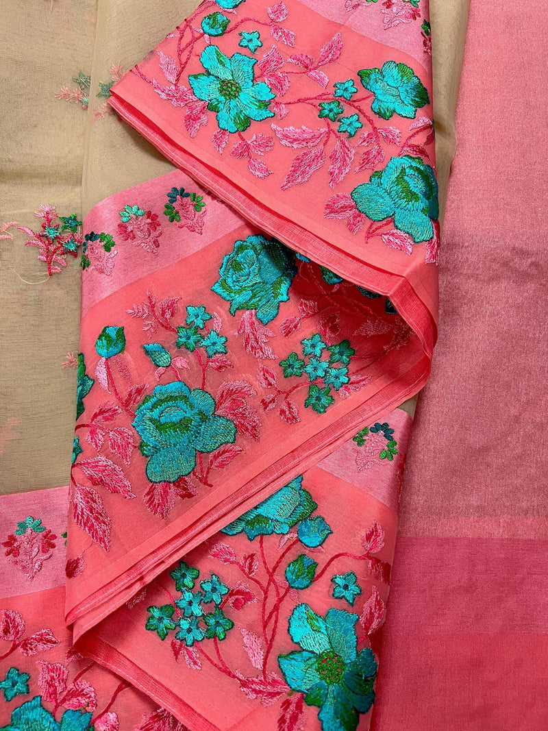 Beige with Peach borders Banarasi Kora Saree with Floral Embroidery - Pastel Color Kora Sarees - Rose Flower Saree - Kaash