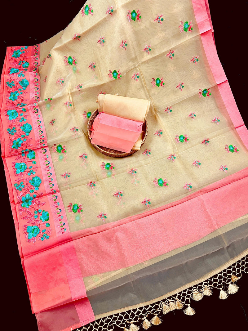 Beige with Peach borders Banarasi Kora Saree with Floral Embroidery - Pastel Color Kora Sarees - Rose Flower Saree - Kaash
