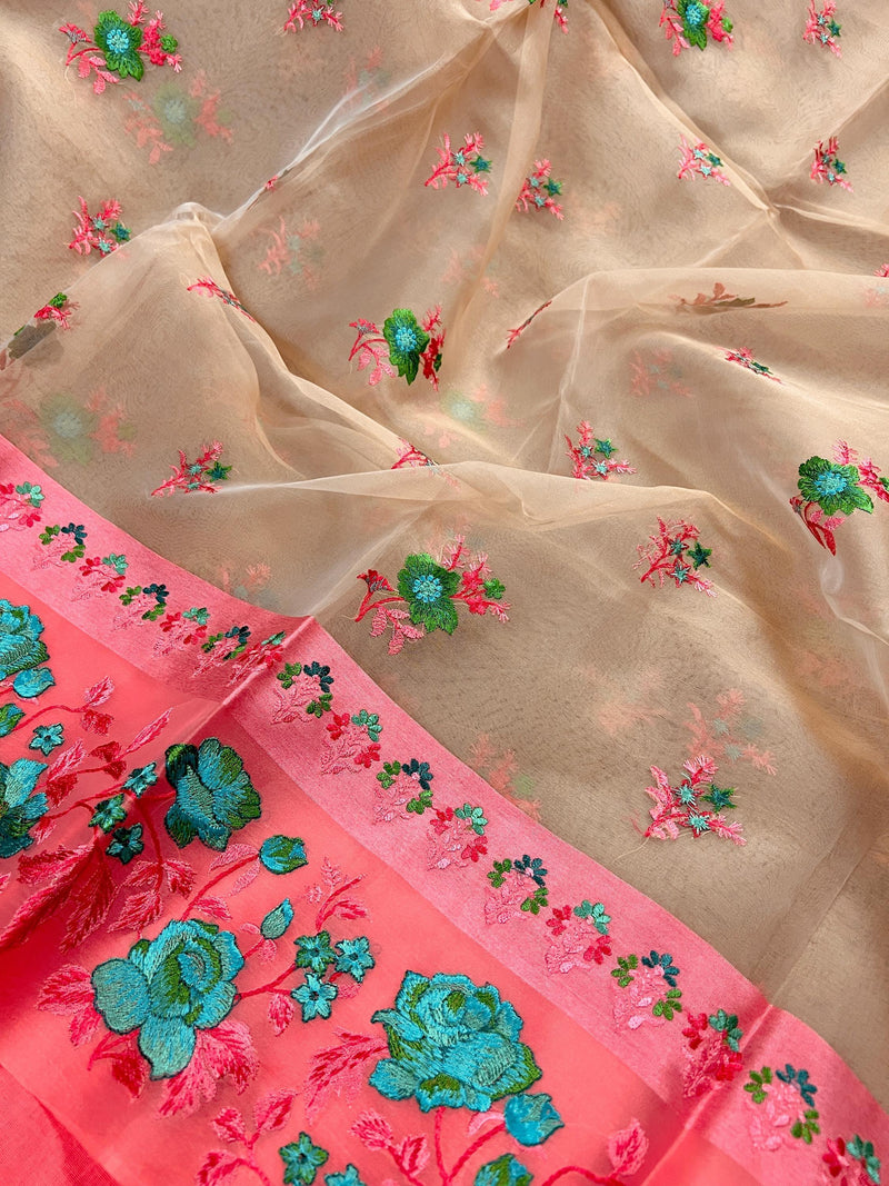 Beige with Peach borders Banarasi Kora Saree with Floral Embroidery - Pastel Color Kora Sarees - Rose Flower Saree - Kaash