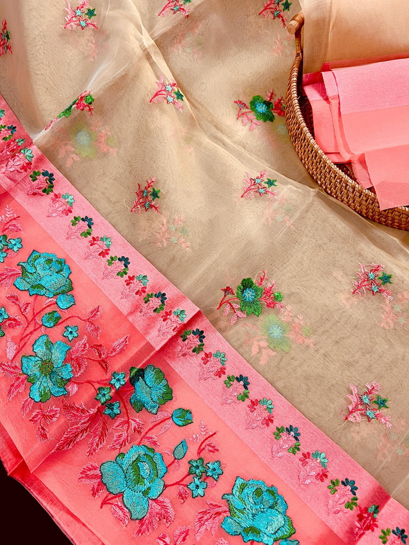 Beige with Peach borders Banarasi Kora Saree with Floral Embroidery - Pastel Color Kora Sarees - Rose Flower Saree - Kaash