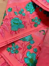 Beige with Peach borders Banarasi Kora Saree with Floral Embroidery - Pastel Color Kora Sarees - Rose Flower Saree - Kaash