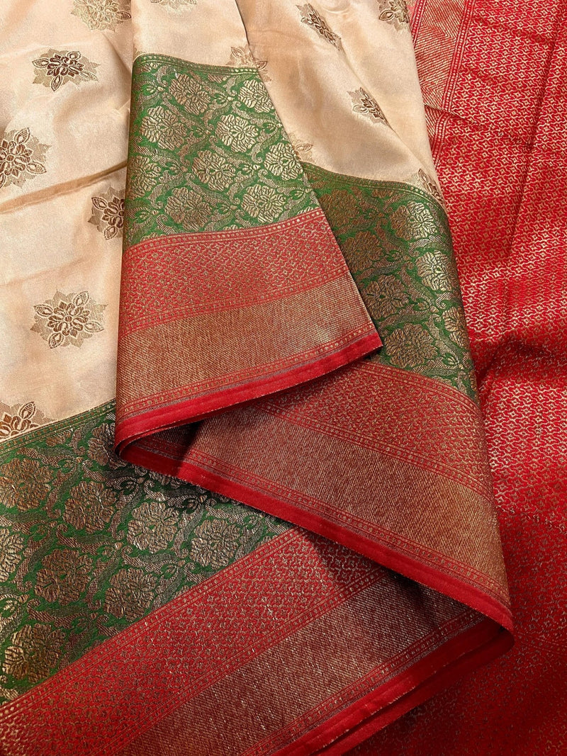 Beige with Red combination Traditional Banarasi Silk Saree with Copper Zari Weave - Kaash